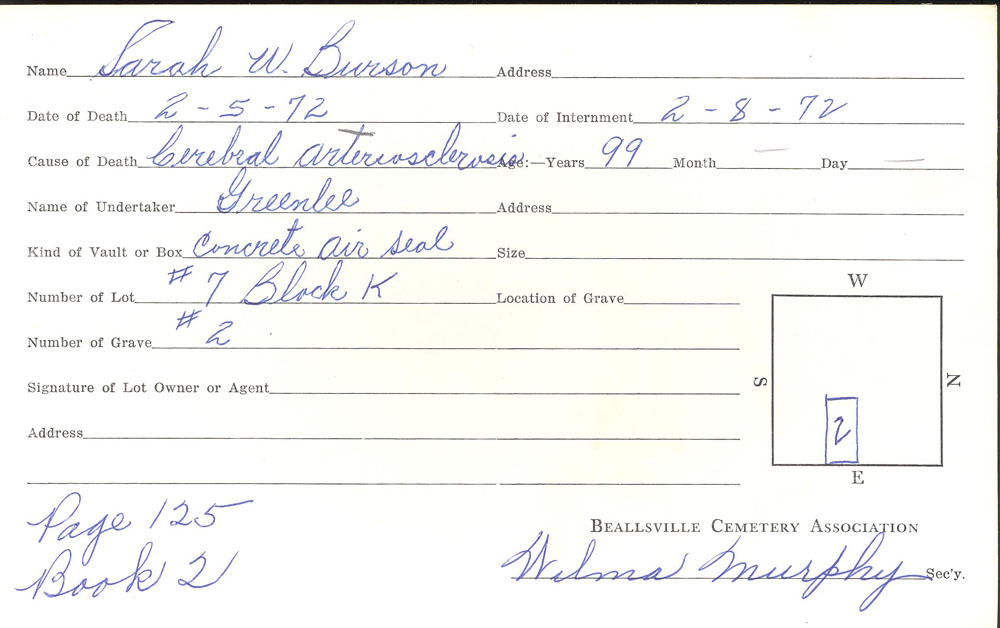Sarah Wickerham Burson burial card